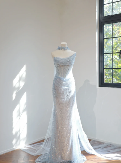 Pretty Strapless Light Blue Sequin Beaded Mermaid Long Birthday Party Dress Evening Gown