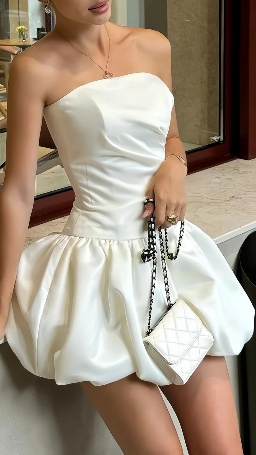 Elegant Strapless Satin A Line White Short 7th Grade Homecoming Dress Cocktail Dress Y9892