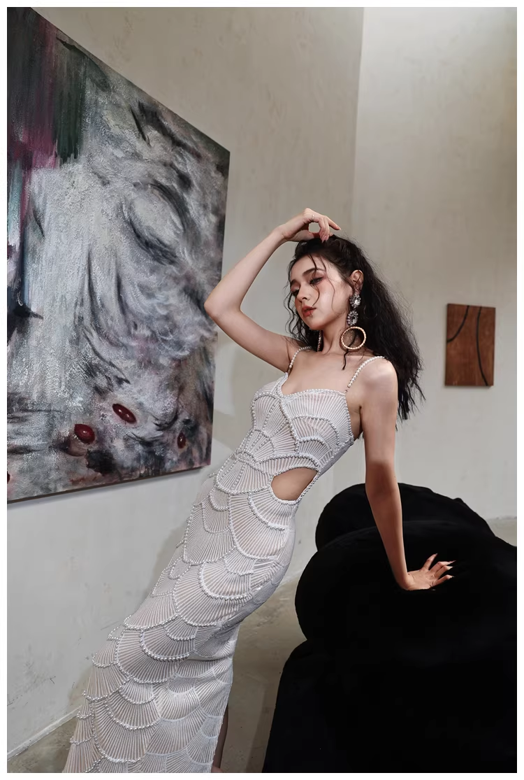 Unique Spaghetti Straps Sequin Pearls Sheath Slit Long Party Dress Birthday Evening Gown