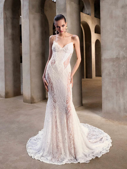 Gorgeous White Lace Mermaid Spaghetti Strap Wedding Dress Prom Dress Evening Dress TP4596