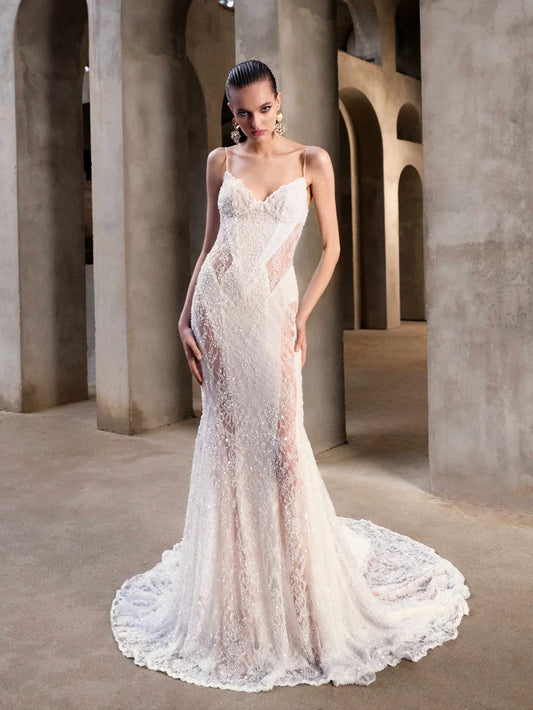 Gorgeous White Lace Mermaid Spaghetti Strap Wedding Dress Prom Dress Evening Dress TP4596