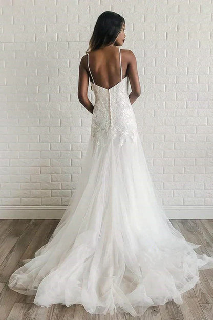 omberprom Elegant A-Line Tulle Spaghetti Straps Wedding Dress with Appliques Romantic Bridal Gown
