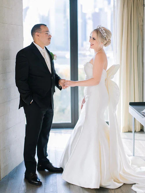 omberprom Elegant Mermaid Strapless Satin Wedding Dresses With Bow-Knot Wedding Dress