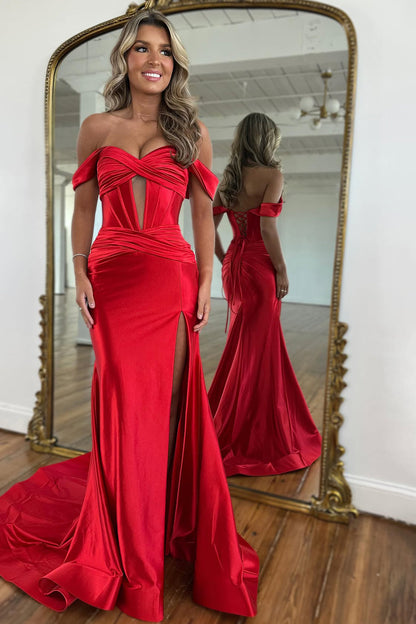Mermaid Off the Shoulder Long Satin Gown with Slit Detail Prom Dress