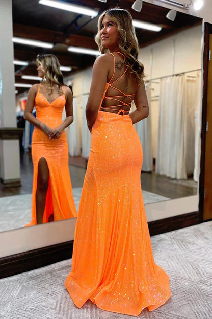 omberprom Sparkly Orange Sequins Evening Dress Mermaid Long Prom Dress