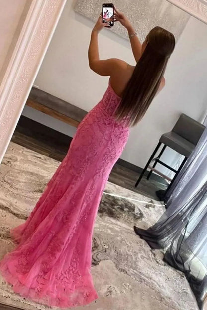 Stunning Mermaid Sweetheart Lilac Long Lace Corset Prom Dress with Appliques
