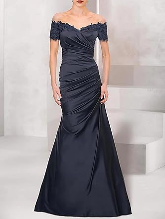 omberprom Mermaid Mother of The Bride Dress Wedding Guest Elegant Vintage Off Shoulder V Neck Satin with Lace Ruched