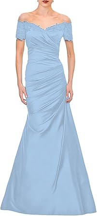 omberprom Mermaid Mother of The Bride Dress Wedding Guest Elegant Vintage Off Shoulder V Neck Satin with Lace Ruched