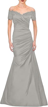 omberprom Mermaid Mother of The Bride Dress Wedding Guest Elegant Vintage Off Shoulder V Neck Satin with Lace Ruched