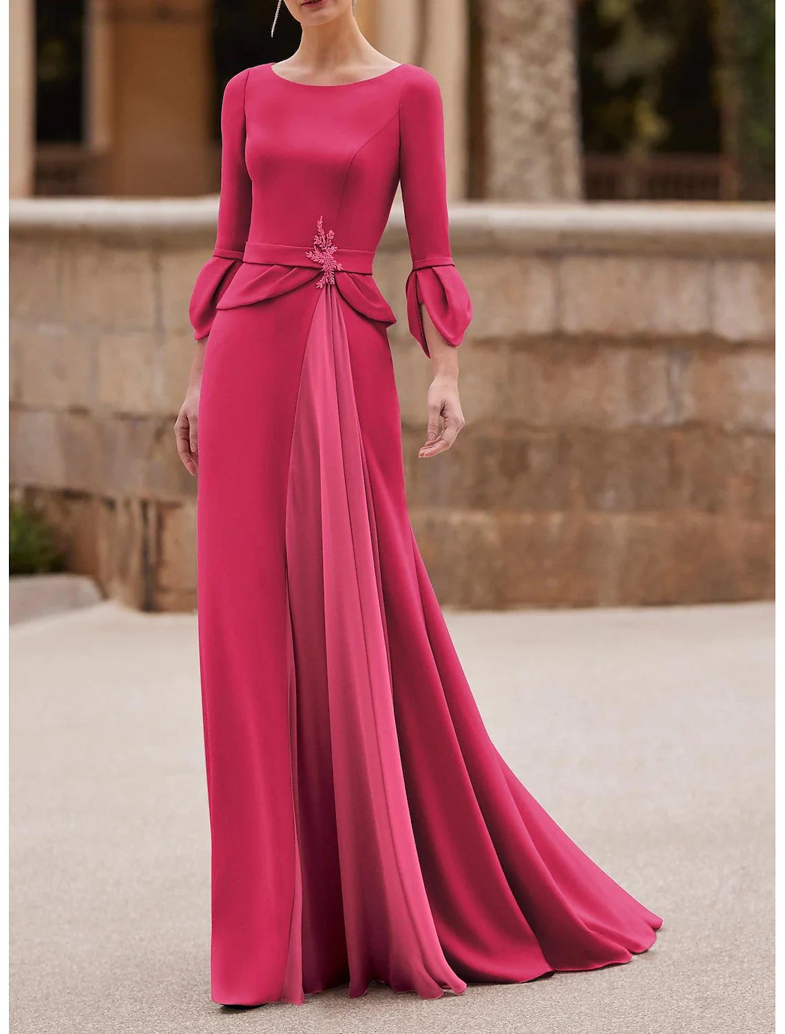 omberprom Mermaid / Trumpet Mother of the Bride Dress Elegant Jewel Neck Floor Length 3/4 Length Sleeve Wedding Guest Dress