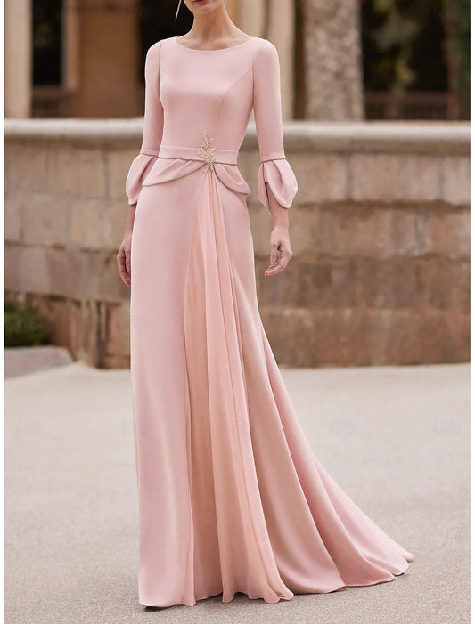 omberprom Mermaid / Trumpet Mother of the Bride Dress Elegant Jewel Neck Floor Length 3/4 Length Sleeve Wedding Guest Dress