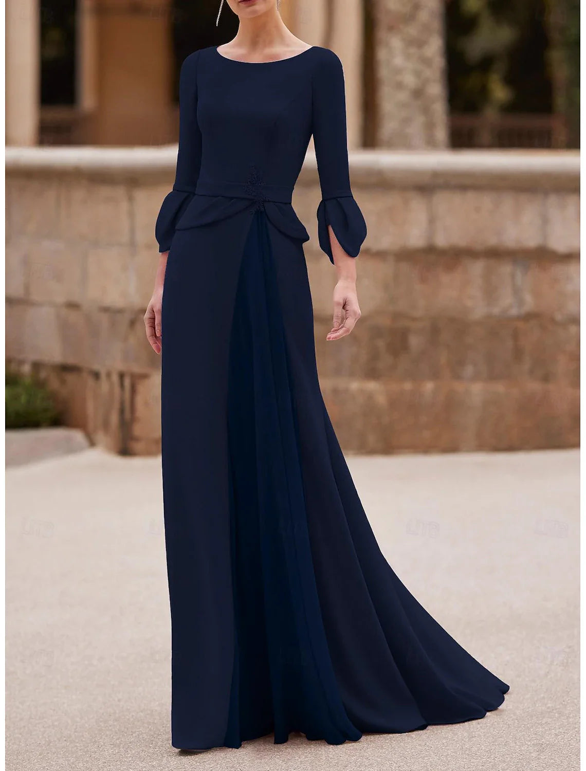 omberprom Mermaid / Trumpet Mother of the Bride Dress Elegant Jewel Neck Floor Length 3/4 Length Sleeve Wedding Guest Dress
