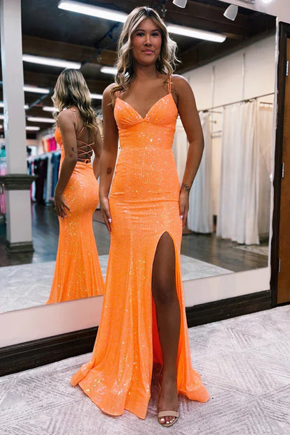 omberprom Sparkly Orange Sequins Evening Dress Mermaid Long Prom Dress