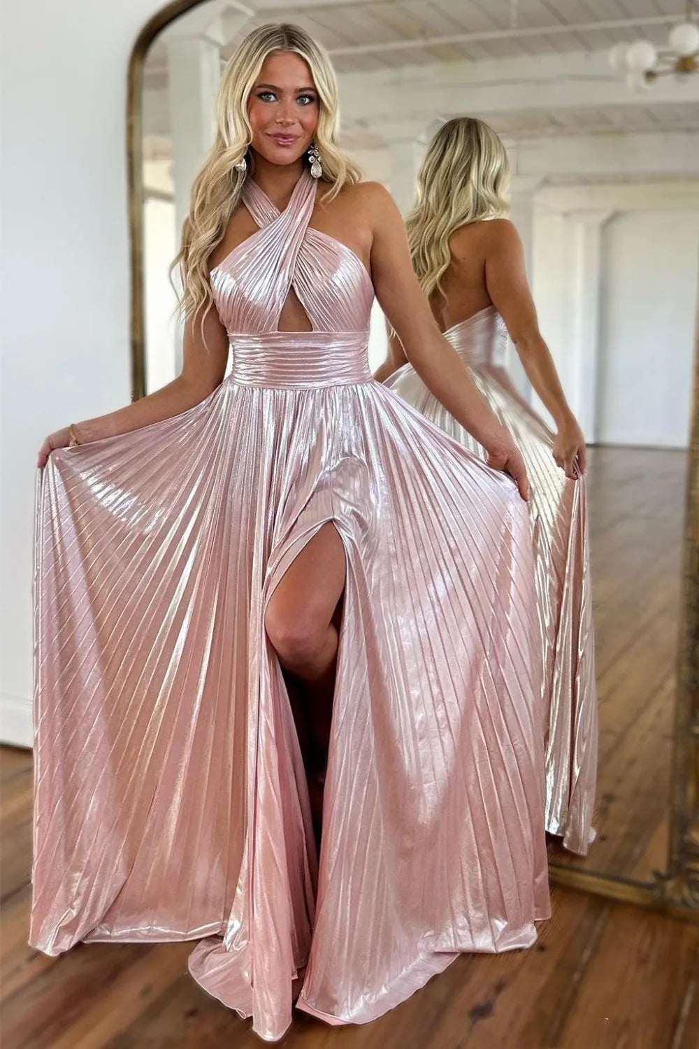 Metallic Halter Pleated A-Line Prom Dress with Keyhole Bodice and Thigh Slit