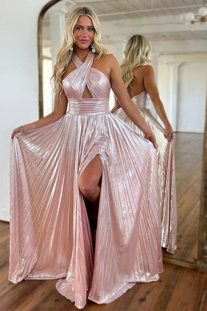 Metallic Halter Pleated A-Line Prom Dress with Keyhole Bodice and Thigh Slit