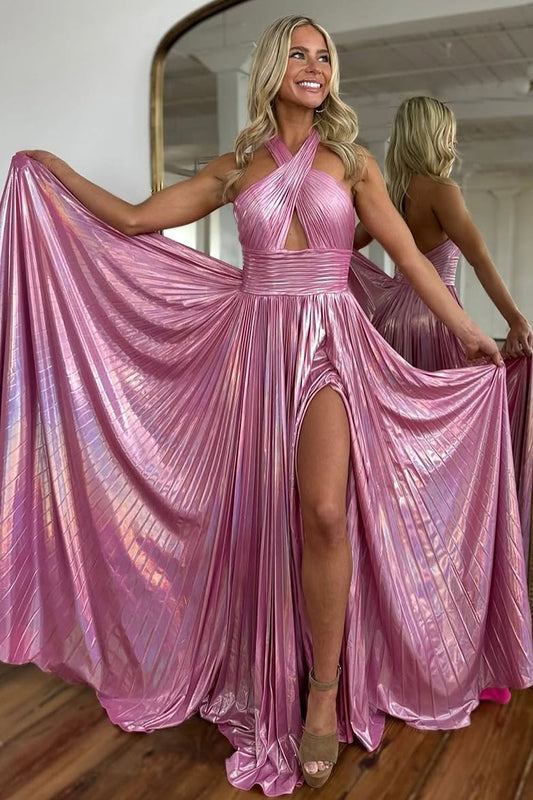 Metallic Halter Pleated A-Line Prom Dress with Keyhole Bodice and Thigh Slit