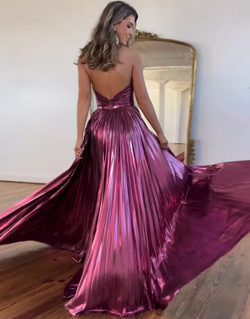 Metallic Halter Pleated A-Line Prom Dress with Keyhole Bodice and Thigh Slit