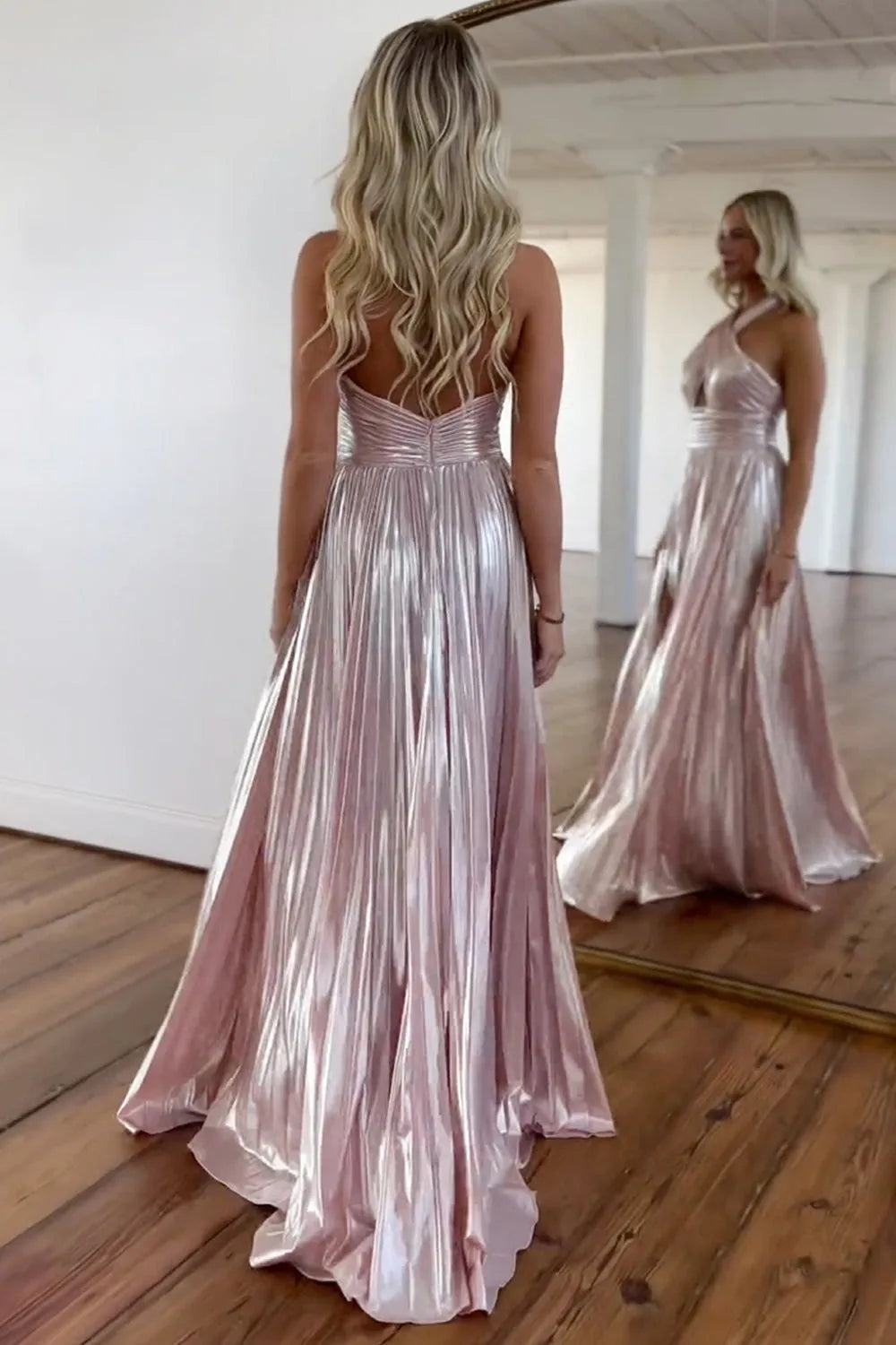 Metallic Halter Pleated A-Line Prom Dress with Keyhole Bodice and Thigh Slit
