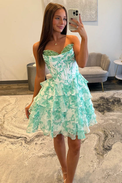 Mint Green Floral Tiered Ruffle Homecoming Dress with Sequin Sweetheart Bodice