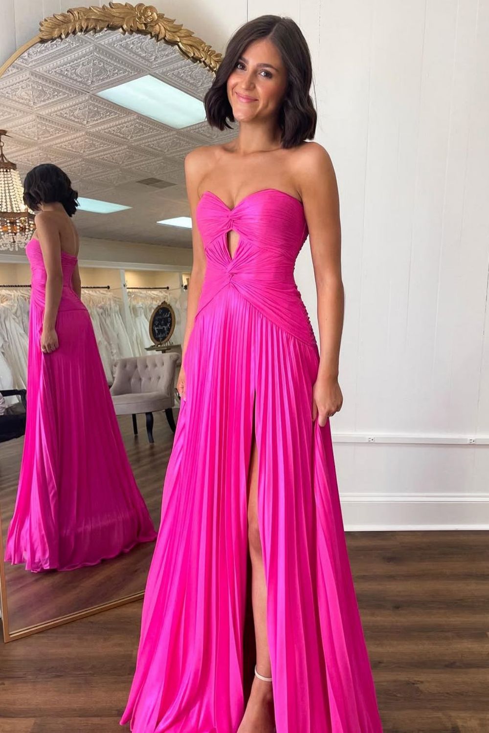 Mint Green Strapless Pleated Prom Dress with Front Twist & Slit