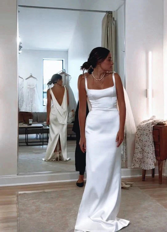 omberprom Modern Sheath Straps Backless Long Wedding Dress Simple Party Dress Elegant Formal Bridal Gown