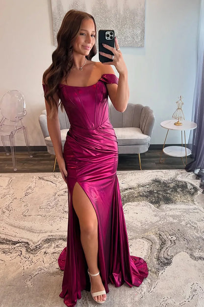 Mulberry Off-the-Shoulder Metallic Long Mermaid Prom Dress with Leg Slit