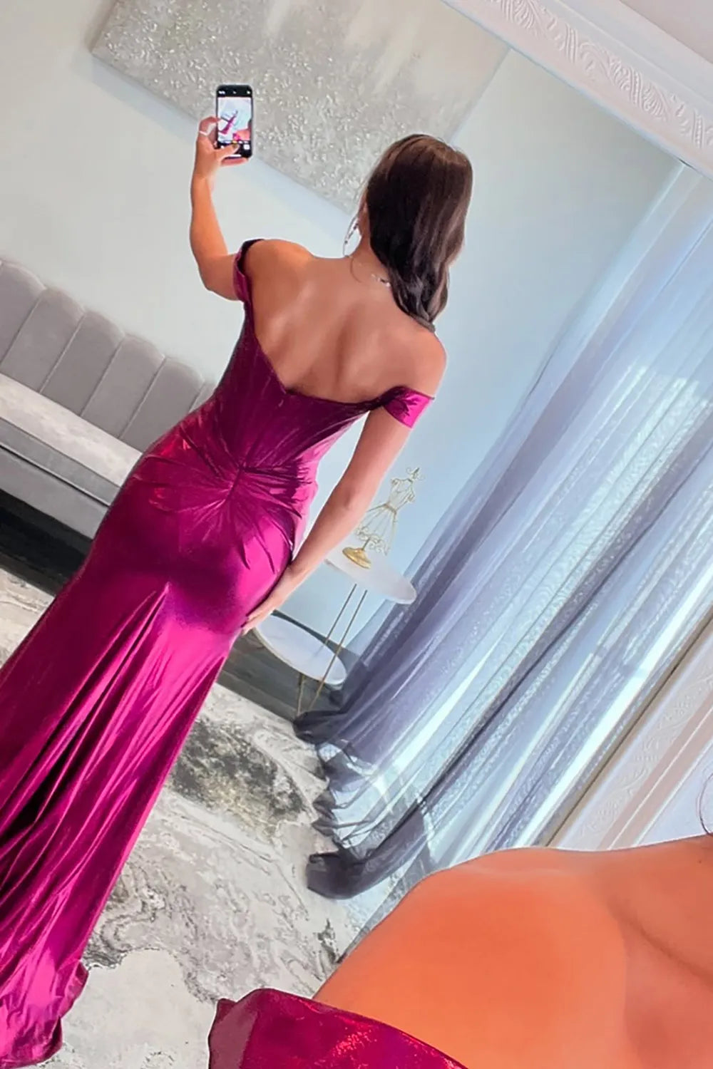 Mulberry Off-the-Shoulder Metallic Long Mermaid Prom Dress with Leg Slit