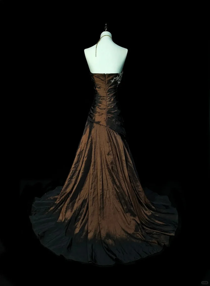Vintage Brown Strapless Beaded Satin Mermaid Long Wedding Guest Dress Birthday Party Dress Evening Gown