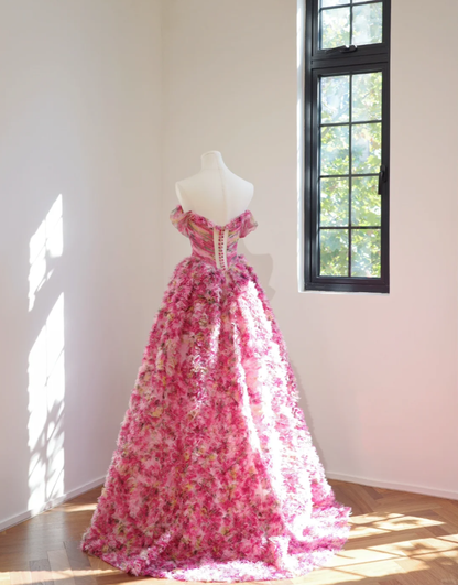 Pretty Hot Pink Off The Shoulder Tulle Pleated Flowers Long Birthday Party Dress Evening Gown