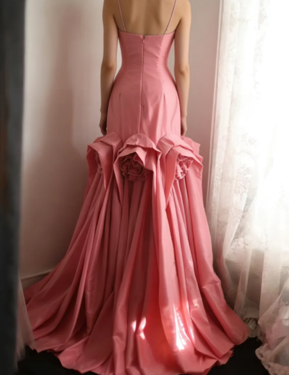 Elegant Spaghetti Straps Pink Satin Pleated Floral Mermaid Long Party Dress Birthday Evening Gown