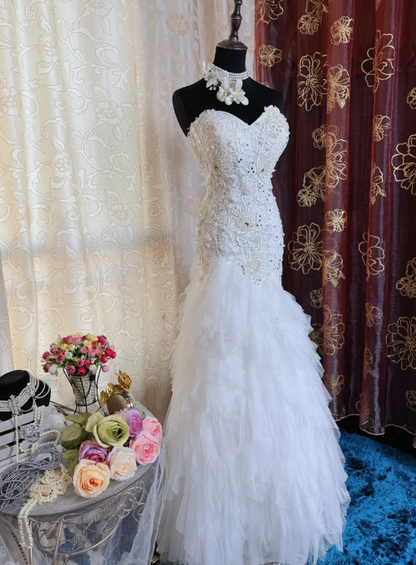 Glamorous Strapless White Lace Appliques Beaded Mermaid Long Evening Dress Birthday Prom Dress SP1615