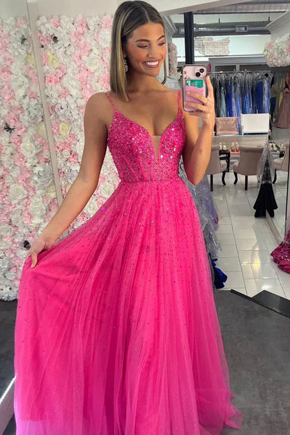 omberprom Fashion Straps Evening Dress Neon Pink Beaded A-Line Long Formal Dress