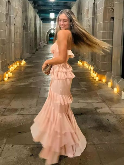Trendy Pink Strapless Chiffon Ruffled Slit Mermaid Long Party Dress Birthday Prom Gowns SP1124