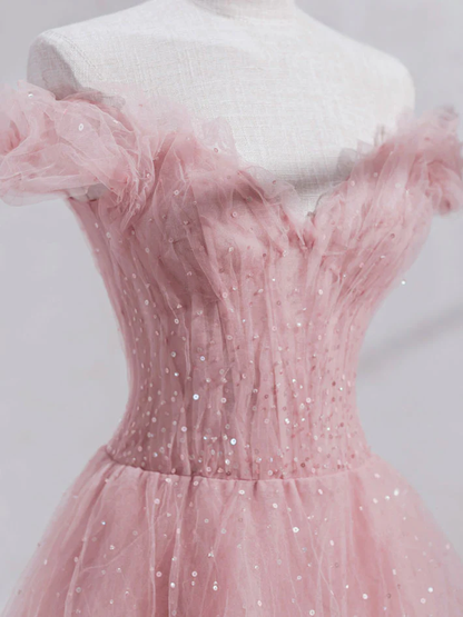 Pink Off Shoulder Tulle Tea Length Prom Dress, Tulle Formal Dress Y1281