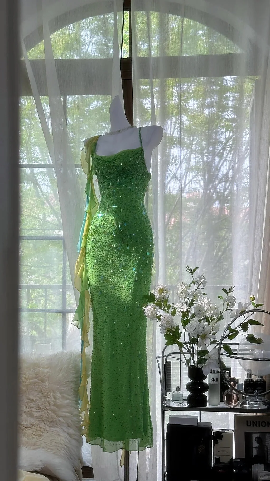 Beautiful Exquisite Sequin Beaded Green Long Chiffon Evening Gown Birthday Party Gown Y9797