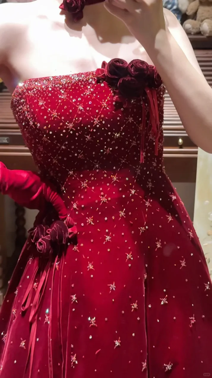 Vintage Strapless Red Velvet Sequin Beaded Long Evening Gown Party Dress