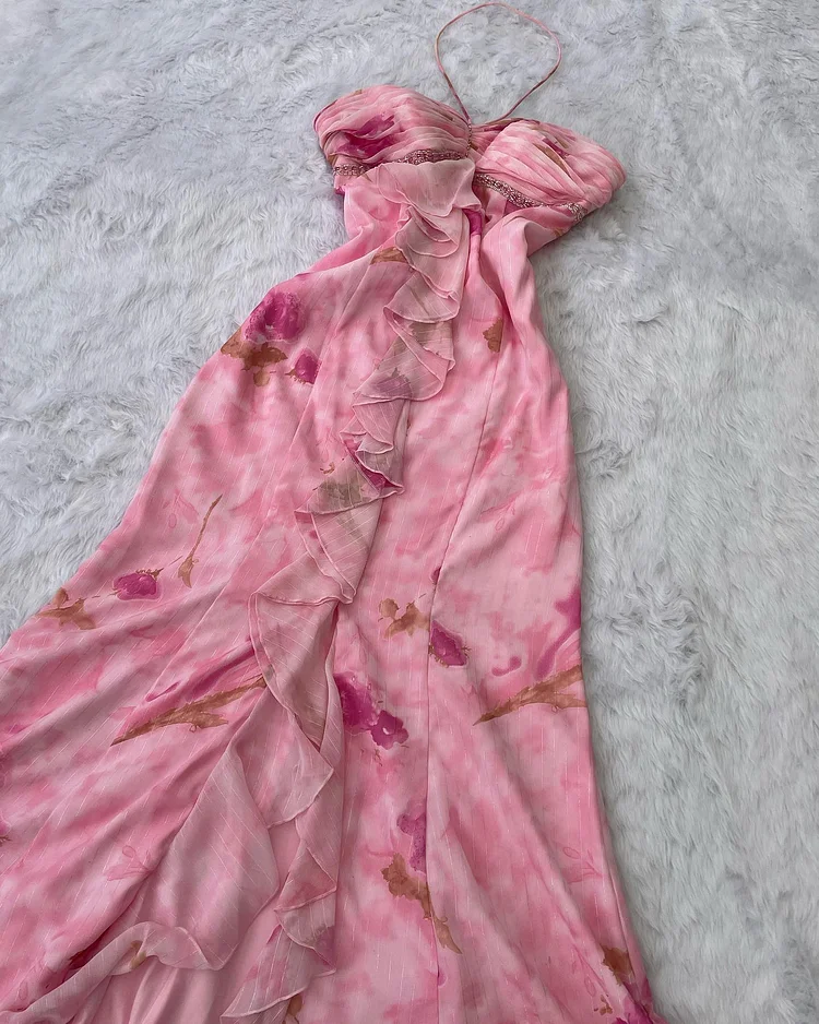 Pink Chiffon Print Floral Ruffle Evening Dress,Halter Mermaid Prom Dress Y8306