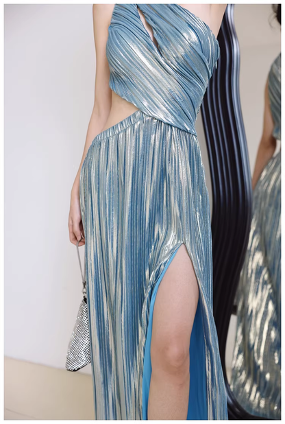 Sexy One Shoulder Satin Pleated Slit Long Wedding Guest Dress Blue Birthday Prom Dress Evening Gown