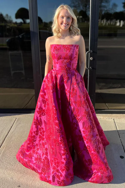 Chic Satin Print Floral Evening Dress,Hot Pink Strapless A Line Prom Dress With Pockets Y8036