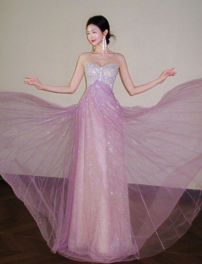 Shiny Pink Strapless Tulle Beaded Mermaid Long Birthday Party Dress Evening Gown