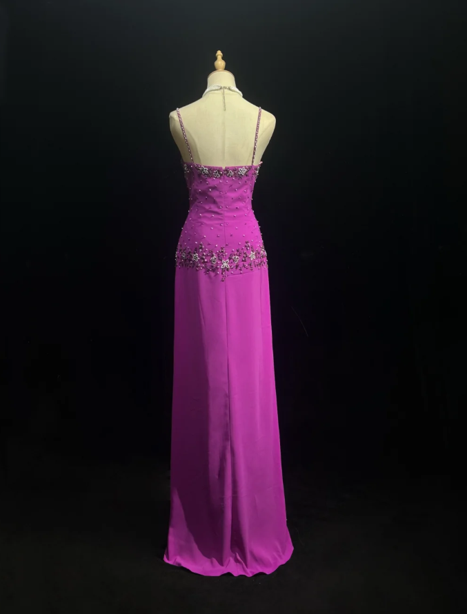 Classy Spaghetti Straps Purple Chiffon Beaded Long Wedding Guest Dress Formal Birthday Prom Dress Party Gown