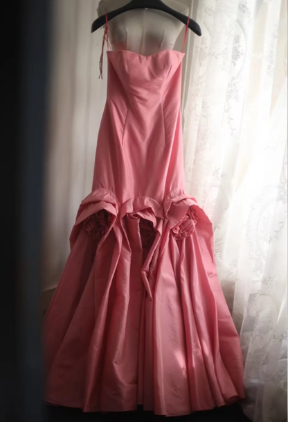 Elegant Spaghetti Straps Pink Satin Pleated Floral Mermaid Long Party Dress Birthday Evening Gown