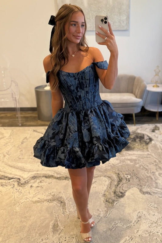Navy Blue Off-the-Shoulder Floral Jacquard Homecoming Dress with Ruffle Hem