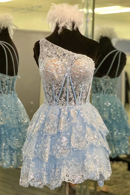 Navy Blue One Shoulder Lace Ruffle Homecoming Dresses