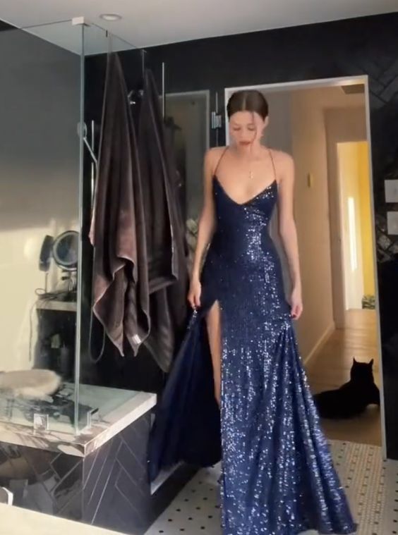 Navy Blue Sequin Criss Cross Back Long Prom Dress With Side Slit, AST913