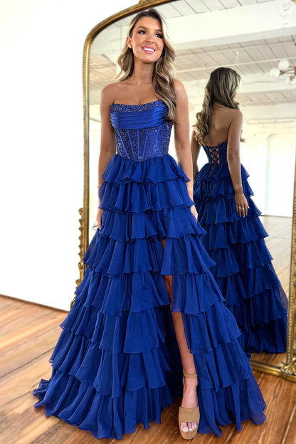 Yellow Strapless Corset A-Line Prom Dress with Layered Ruffle Skirt and Slit