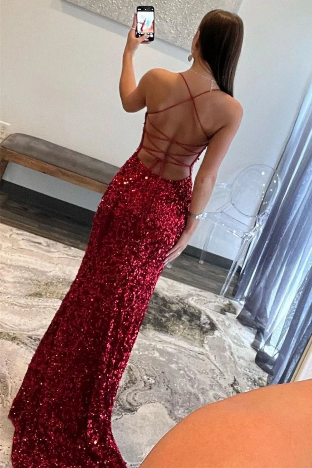 Navy Fitted Sequin Long Prom Dress with Spaghetti Straps and Side Slit