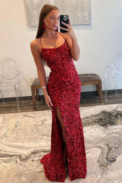Navy Fitted Sequin Long Prom Dress with Spaghetti Straps and Side Slit