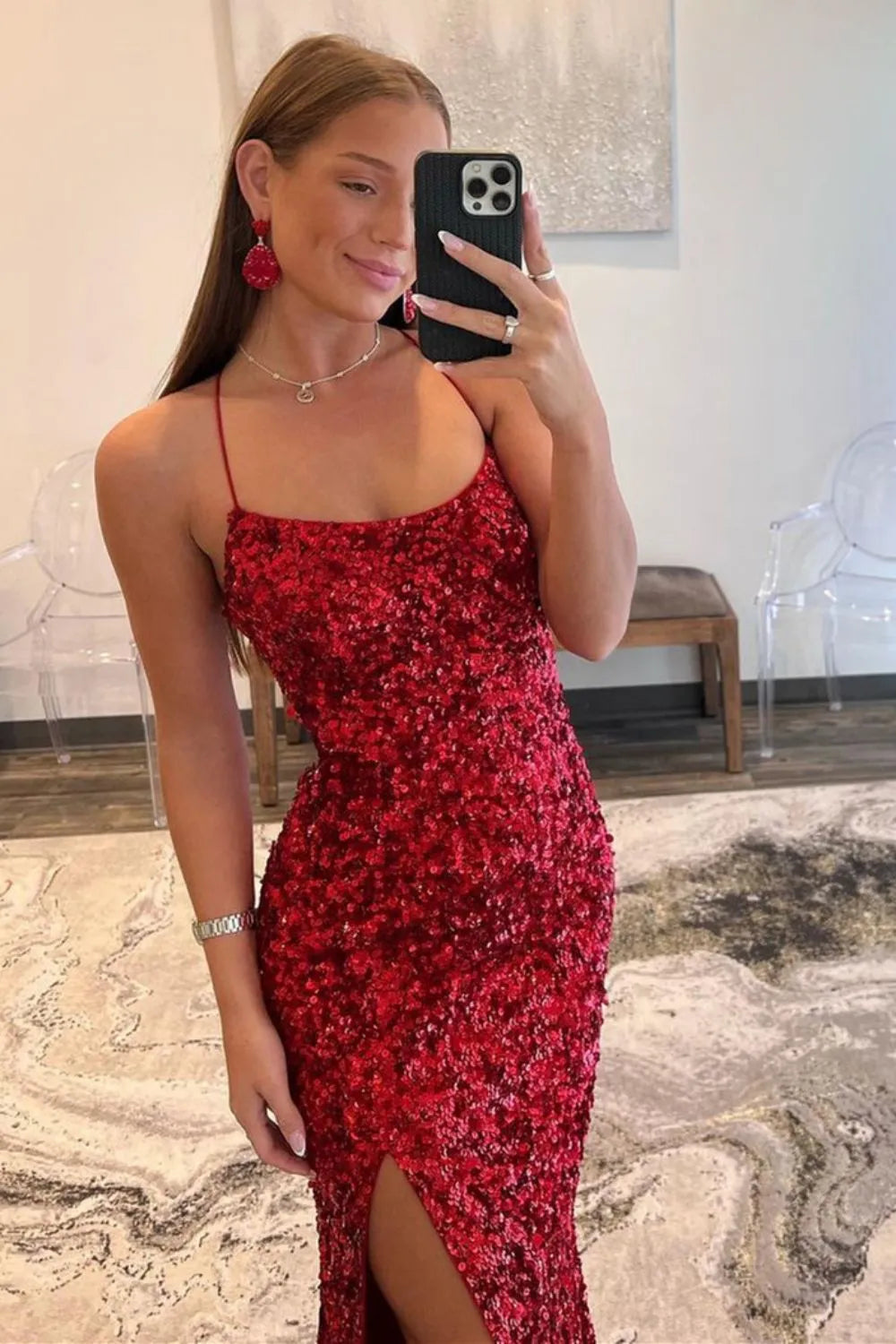 Navy Fitted Sequin Long Prom Dress with Spaghetti Straps and Side Slit