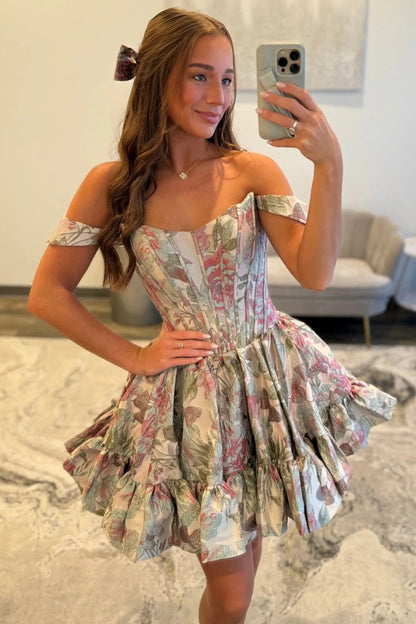 Fairy-like Purple A-Line Strapless Short Print Homecoming Party Dress